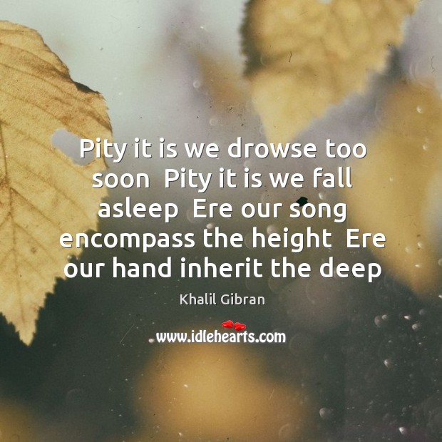 Pity it is we drowse too soon  Pity it is we fall Image