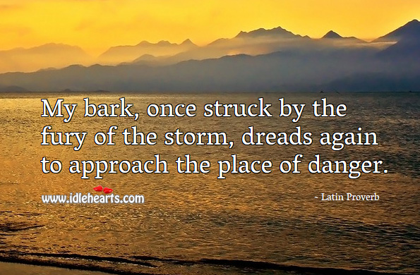 My bark, once struck by the fury of the storm, dreads again to approach the place of danger. Latin Proverbs Image
