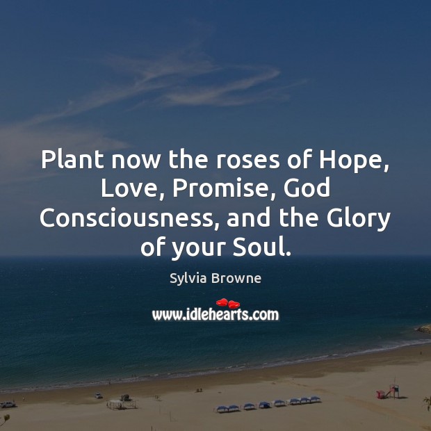 Plant now the roses of Hope, Love, Promise, God Consciousness, and the Glory of your Soul. Sylvia Browne Picture Quote