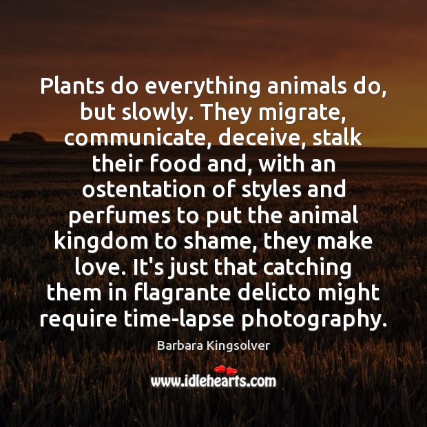 Plants do everything animals do, but slowly. They migrate, communicate, deceive, stalk Barbara Kingsolver Picture Quote