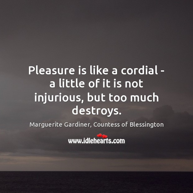 Pleasure is like a cordial – a little of it is not injurious, but too much destroys. Marguerite Gardiner, Countess of Blessington Picture Quote