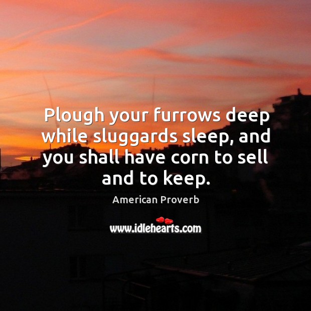 Plough your furrows deep while sluggards sleep, and you shall have corn to sell and to keep. American Proverbs Image