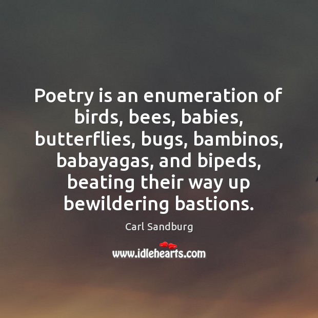 Poetry is an enumeration of birds, bees, babies, butterflies, bugs, bambinos, babayagas, Carl Sandburg Picture Quote