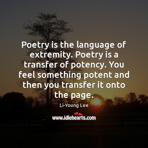 Poetry is the language of extremity. Poetry is a transfer of potency. Poetry Quotes Image