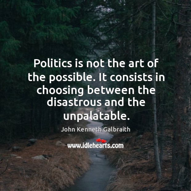 Politics is not the art of the possible. It consists in choosing between the disastrous and the unpalatable. Image