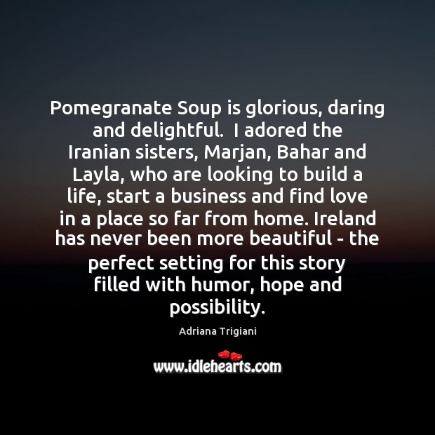 Pomegranate Soup is glorious, daring and delightful.  I adored the Iranian sisters, 