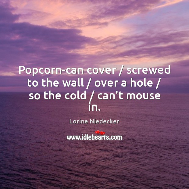 Popcorn-can cover / screwed to the wall / over a hole / so the cold / can’t mouse in. Image