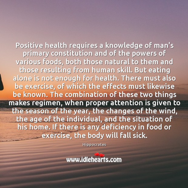 Positive health requires a knowledge of man’s primary constitution and of the Hippocrates Picture Quote