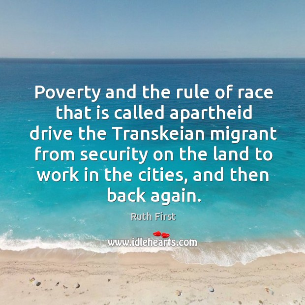 Poverty and the rule of race that is called apartheid drive the transkeian migrant Ruth First Picture Quote