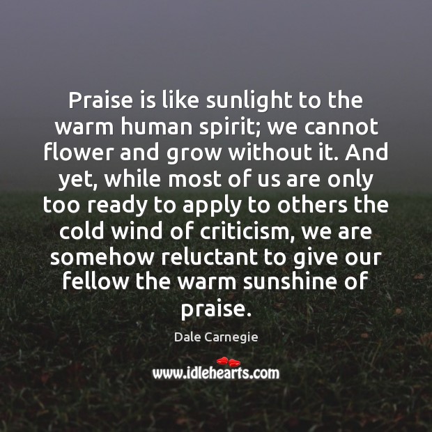 Praise is like sunlight to the warm human spirit; we cannot flower Dale Carnegie Picture Quote
