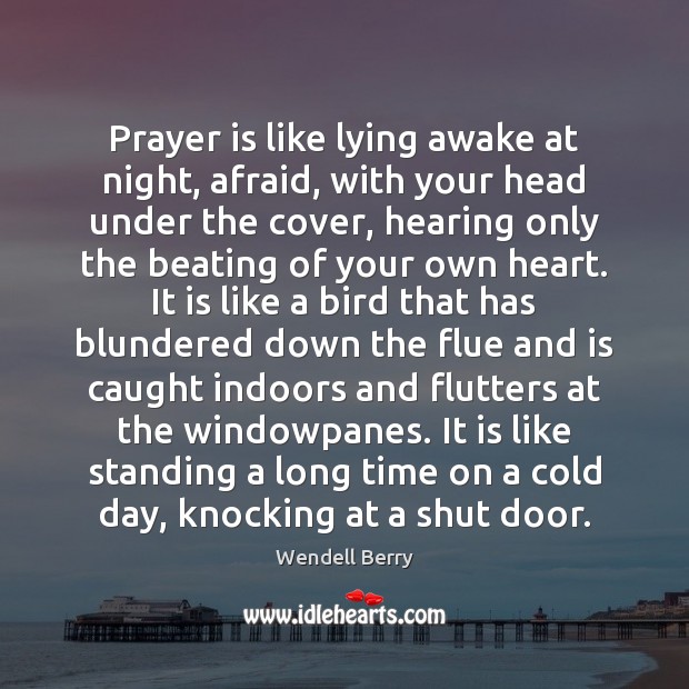 Prayer is like lying awake at night, afraid, with your head under Wendell Berry Picture Quote