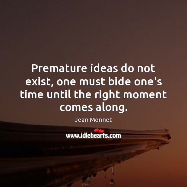 Premature ideas do not exist, one must bide one’s time until the right moment comes along. Jean Monnet Picture Quote