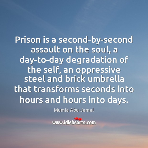 Prison is a second-by-second assault on the soul, a day-to-day degradation of Mumia Abu-Jamal Picture Quote