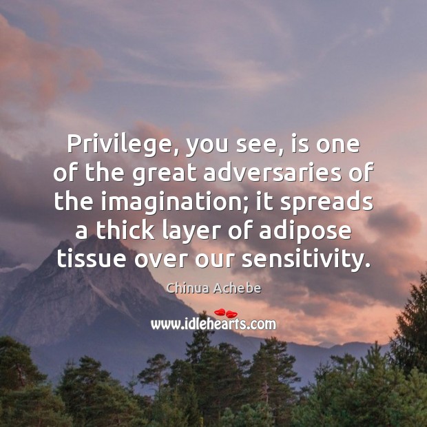 Privilege, you see, is one of the great adversaries of the imagination; Chinua Achebe Picture Quote