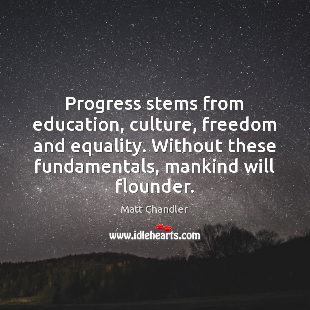 Progress stems from education, culture, freedom and equality. Without these fundamentals, mankind Matt Chandler Picture Quote