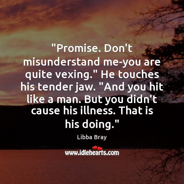 “Promise. Don’t misunderstand me-you are quite vexing.” He touches his tender jaw. “ Promise Quotes Image