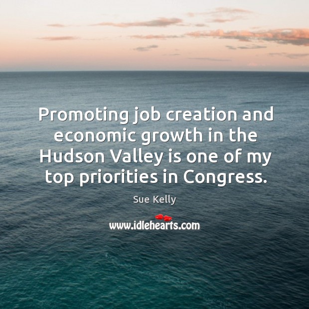 Promoting job creation and economic growth in the hudson valley is one of my top priorities in congress. Sue Kelly Picture Quote