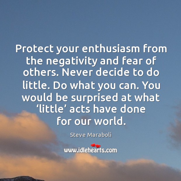 Protect your enthusiasm from the negativity and fear of others. Never decide to do little. Steve Maraboli Picture Quote