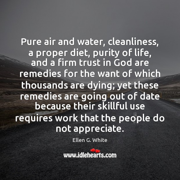 Pure air and water, cleanliness, a proper diet, purity of life, and Ellen G. White Picture Quote