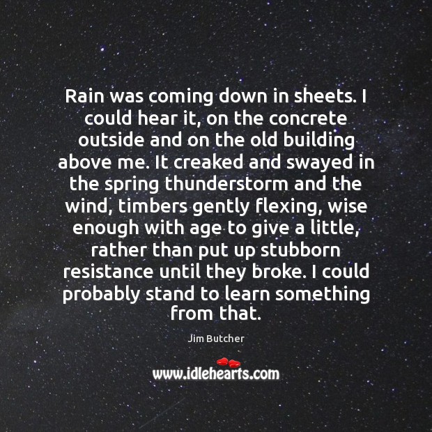 Rain was coming down in sheets. I could hear it, on the Jim Butcher Picture Quote