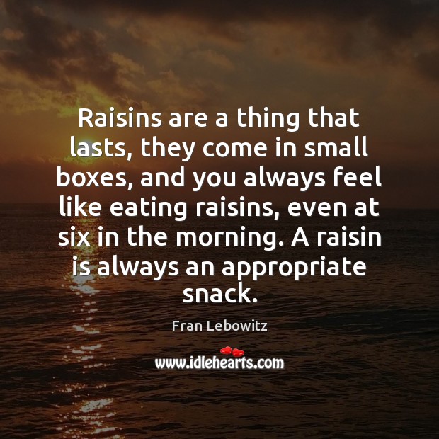 Raisins are a thing that lasts, they come in small boxes, and Fran Lebowitz Picture Quote