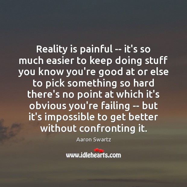 Reality is painful — it’s so much easier to keep doing stuff Aaron Swartz Picture Quote