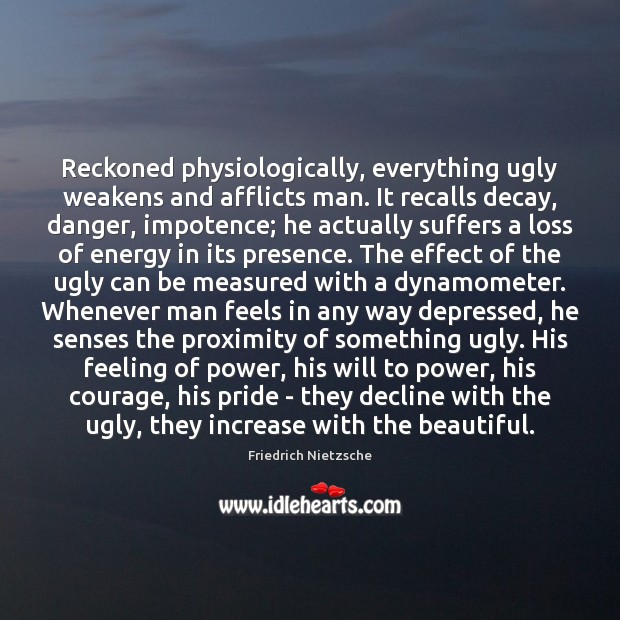 Reckoned physiologically, everything ugly weakens and afflicts man. It recalls decay, danger, Friedrich Nietzsche Picture Quote