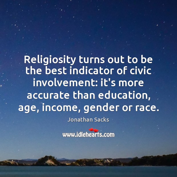Religiosity turns out to be the best indicator of civic involvement: it’s Jonathan Sacks Picture Quote