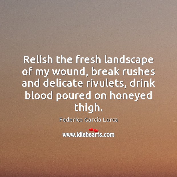 Relish the fresh landscape of my wound, break rushes and delicate rivulets, Federico García Lorca Picture Quote