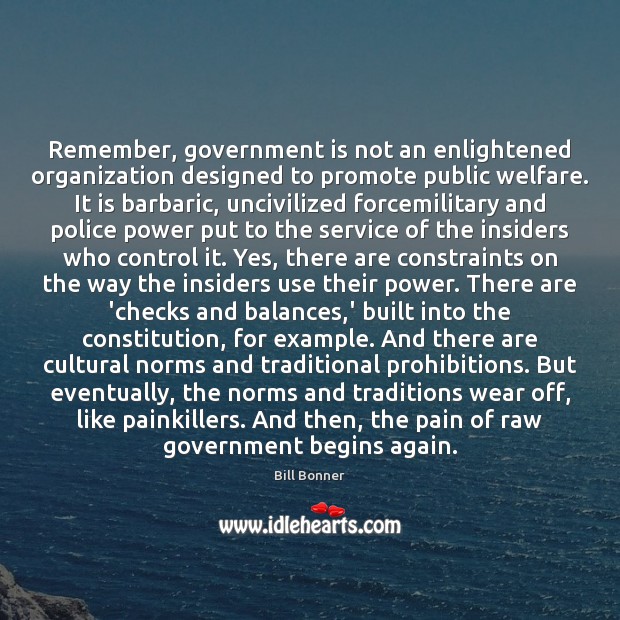 Remember, government is not an enlightened organization designed to promote public welfare. Government Quotes Image
