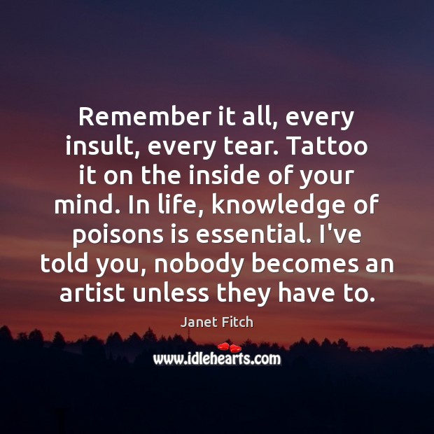 Remember it all, every insult, every tear. Tattoo it on the inside Janet Fitch Picture Quote