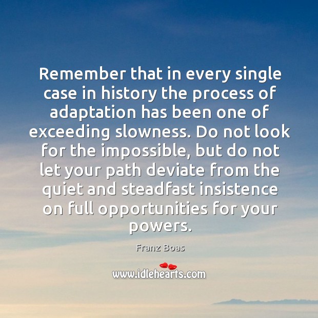 Remember that in every single case in history the process of adaptation has been one of exceeding slowness. Franz Boas Picture Quote