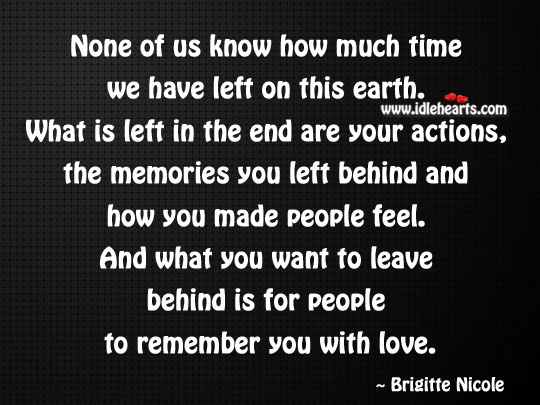 None of us know how much time we have left on this earth. Brigitte Nicole Picture Quote