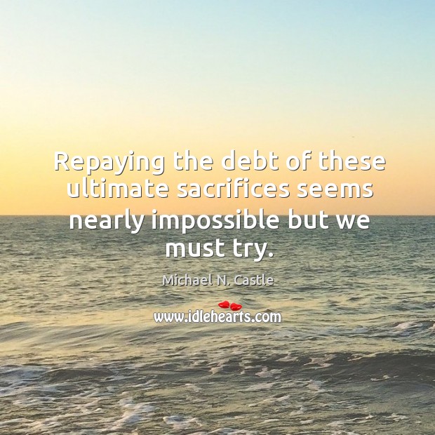 Repaying the debt of these ultimate sacrifices seems nearly impossible but we must try. Michael N. Castle Picture Quote