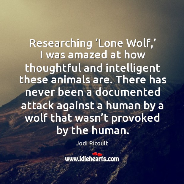 Researching ‘lone wolf,’ I was amazed at how thoughtful and intelligent these animals are. Jodi Picoult Picture Quote
