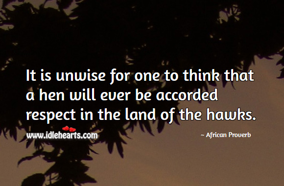 It is unwise for one to think that a hen will ever be accorded respect in the land of the hawks. African Proverbs Image
