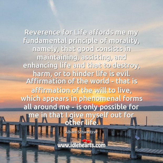 Reverence for Life affords me my fundamental principle of morality, namely, that Albert Schweitzer Picture Quote