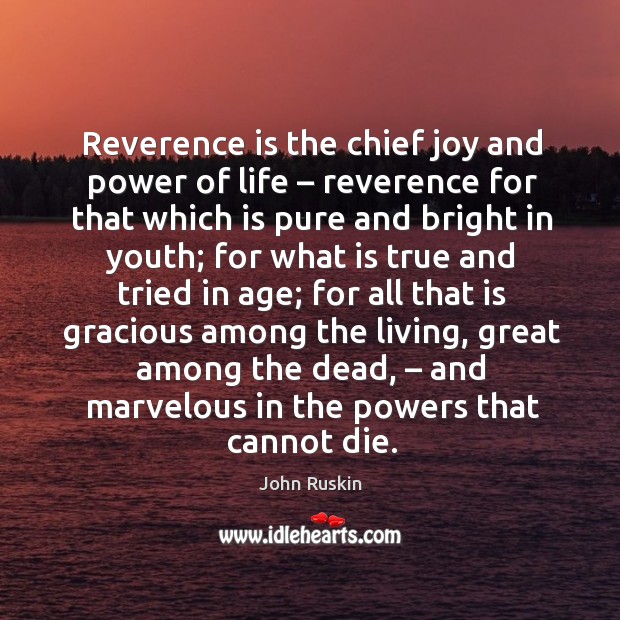 Reverence is the chief joy and power of life – reverence for that which is pure John Ruskin Picture Quote