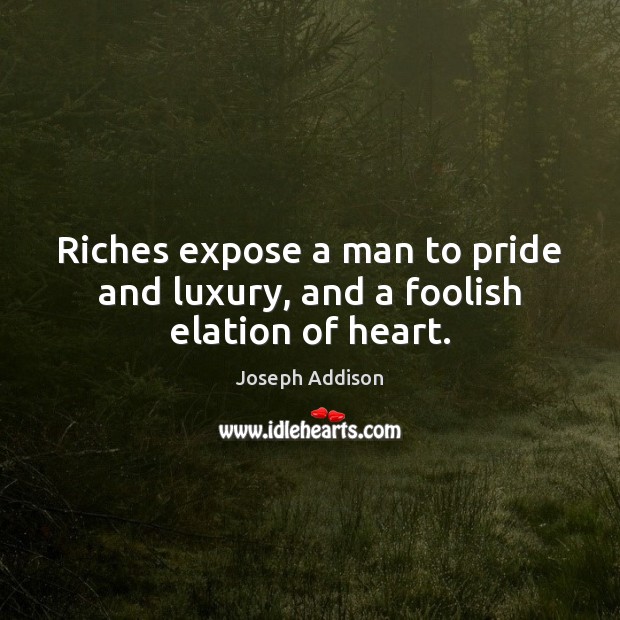 Riches expose a man to pride and luxury, and a foolish elation of heart. Joseph Addison Picture Quote