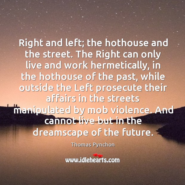 Right and left; the hothouse and the street. The Right can only Thomas Pynchon Picture Quote