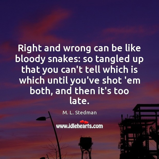 Right and wrong can be like bloody snakes: so tangled up that M. L. Stedman Picture Quote