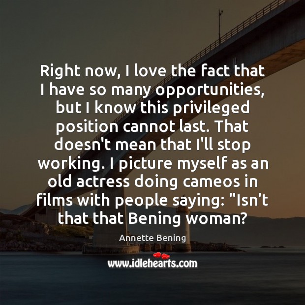 Right now, I love the fact that I have so many opportunities, Annette Bening Picture Quote
