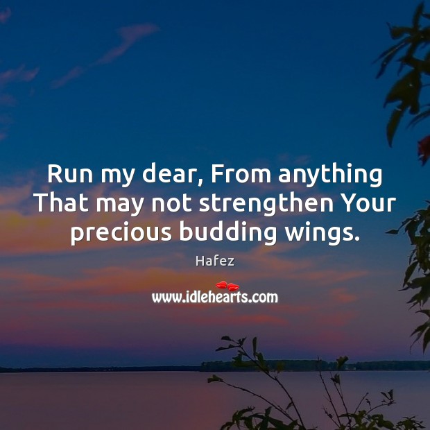 Run my dear, From anything That may not strengthen Your precious budding wings. Hafez Picture Quote