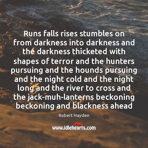 Runs falls rises stumbles on from darkness into darkness and the darkness Robert Hayden Picture Quote