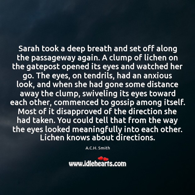 Sarah took a deep breath and set off along the passageway again. A.C.H. Smith Picture Quote