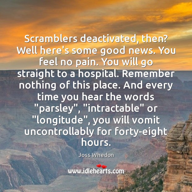 Scramblers deactivated, then? Well here’s some good news. You feel no pain. Joss Whedon Picture Quote
