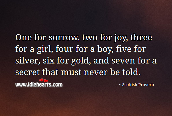 One for sorrow, two for joy, three for a girl, four for a boy, five for silver, six for gold, and seven for a secret that must never be told. Scottish Proverbs Image
