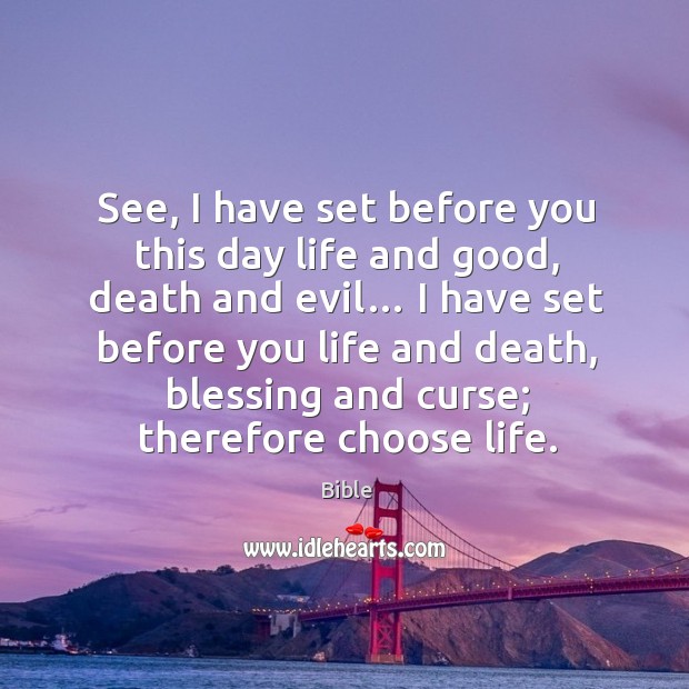 See, I have set before you this day life and good, death and evil… Bible Picture Quote
