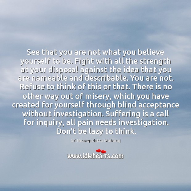 See that you are not what you believe yourself to be. Fight Sri Nisargadatta Maharaj Picture Quote