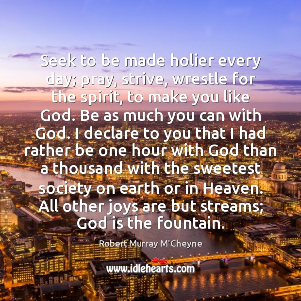 Seek to be made holier every day; pray, strive, wrestle for the Robert Murray M’Cheyne Picture Quote